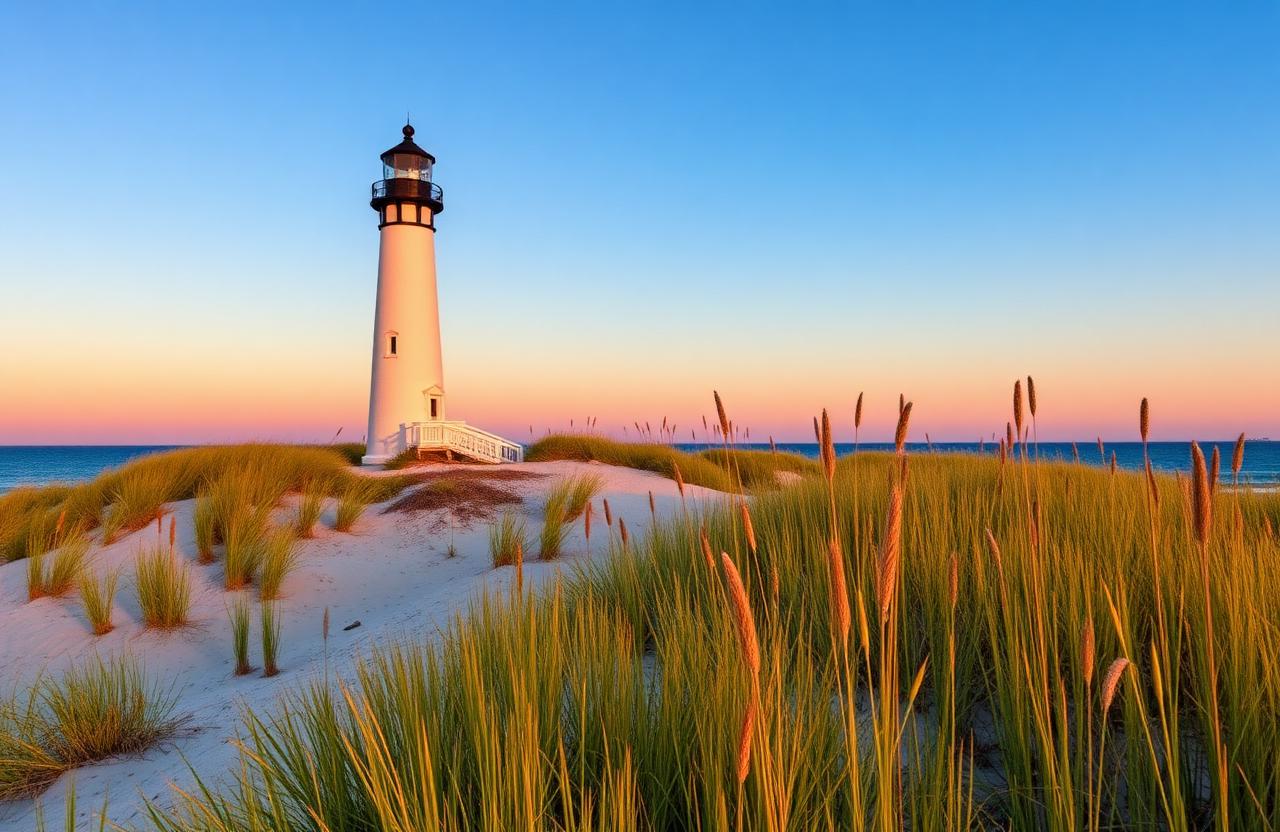 Cape Cod lighthouse on dunes at sunset