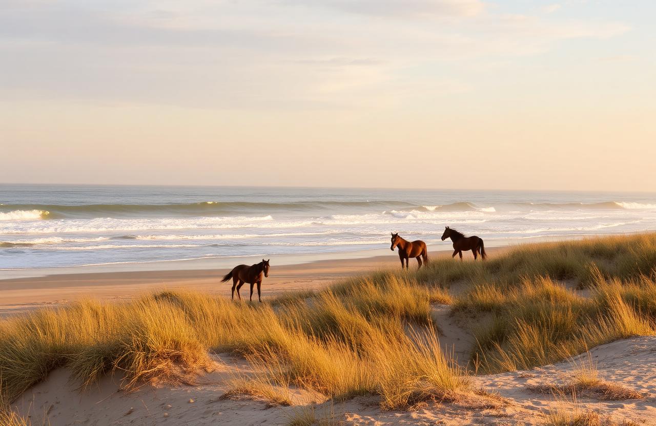 Wild horses on the Outer Banks at golden hour
